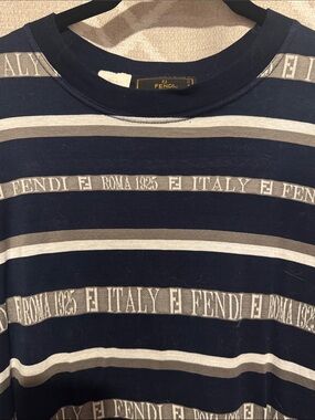 Fendi Navy Crewneck Long Sleeve with Cream and Gray Stripes